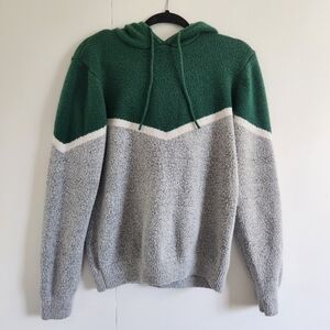 Men’s XL Colorblock Hoodie | Green Gray Pullover Fuzzy Sherpa Style Sweater